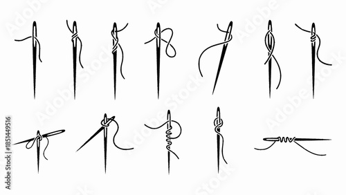 Set of needle with thread vector icons. Black silhouette with sewing needle. Vector 10 Eps.
