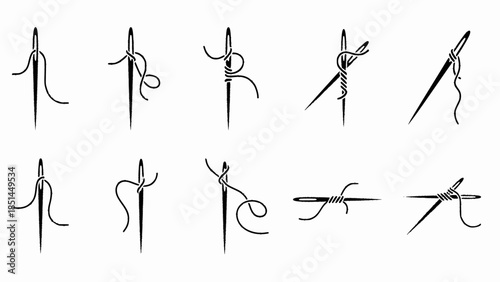 Set of needle with thread vector icons. Black silhouette with sewing needle. Vector 10 Eps.
