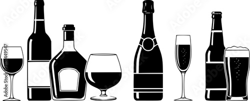 Set with alcohol bottles and glasses vector icons. Black silhouette with wine, cognac, champagne, beer bottle and glass. Alcohol collection.
