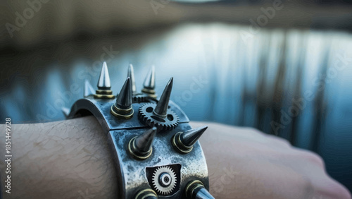 Close-up of a person's wrist wearing a metallic spiked bracelet with gears, set against a blurred background of water and reflections.