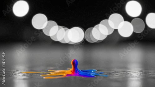 Two vibrant paint blobs, orange and blue, merging on a reflective surface with a bokeh background.