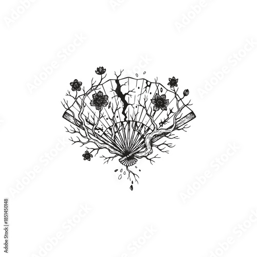 Vintage illustration of a cracked Japanese hand fan with blooming cherry blossoms and growing tree branches