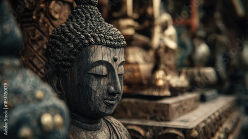 Wooden Buddha statue radiating peace and tranquility in a serene atmosphere