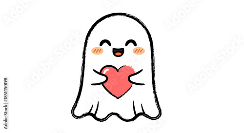 A charming cartoon ghost character, depicted with a cheerful expression and holding a vibrant red heart, is presented in a whimsical vector illustration, perfect for expressing love and affection.