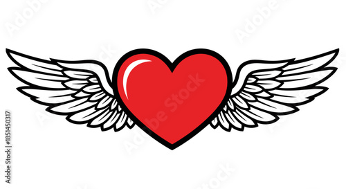 A vibrant red heart with stylized white wings, rendered in a clean vector illustration style, symbolizing love, freedom, and passion.