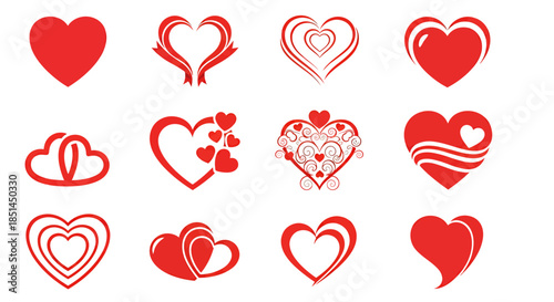 A collection of red heart vector shapes, offering a versatile set of design elements for expressing love, affection, and romantic themes in various creative projects.
