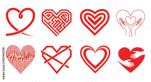 A diverse collection of stylized red heart vector icons showcasing various designs for themes like love, health, and romance, isolated on a clean white background.
