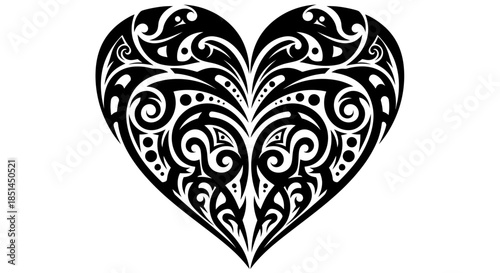 A beautifully crafted black and white vector illustration of a heart featuring intricate tribal patterns, ideal for designs related to love, romance, and artistic expression.