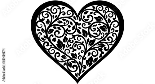 An intricate vector illustration showcases a decorative heart filled with swirling floral patterns and leafy elements, perfect for romantic designs and Valentine's Day celebrations.