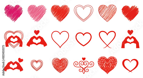 A collection of various red hearts in different styles and designs, including sketched, outlined, and hand-shaped symbols, perfect for expressing love and affection in a vector format.