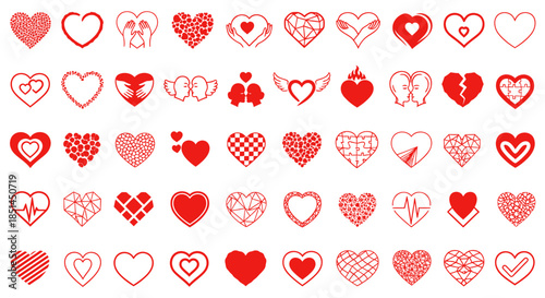 A collection of diverse heart shapes in vector format, showcasing various styles and patterns, perfect for Valentine's Day designs and love-themed projects with romantic appeal.