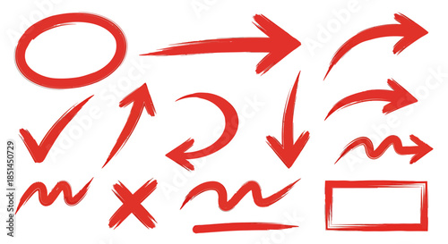 A collection of hand-drawn red vector arrows, hearts, and other design elements, perfect for highlighting, emphasizing, and directing attention to essential information or artistic compositions.