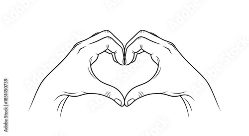 A simple black and white vector illustration depicts two hands forming a heart shape, perfect for conveying love, affection, and romantic sentiments in a clean, modern design.