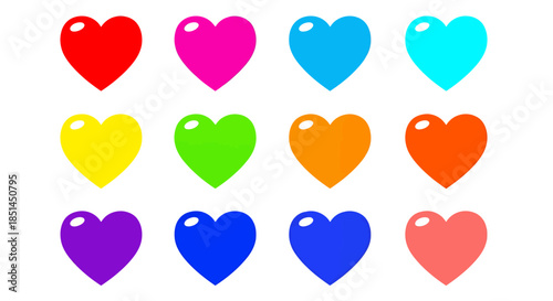 A colorful vector illustration showcasing twelve vibrant hearts arranged in a grid pattern, perfect for expressing love, affection, and positive emotions in designs.