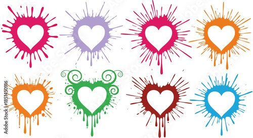 A vibrant vector illustration showcases a collection of colorful heart shapes with paint splash effects, perfect for conveying love, emotion, and artistic expression in designs.