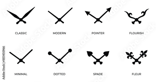 Diverse clock hands style collection. Includes classic, modern, minimal, fleur and more designs.