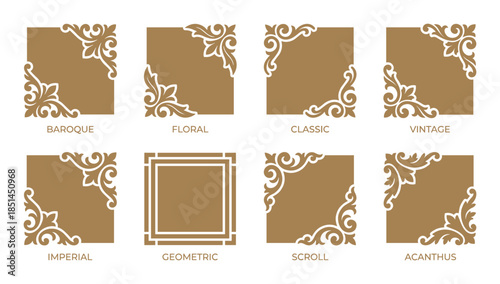 Diverse collection of ornamental corner design elements showcasing baroque, floral, and geometric styles.