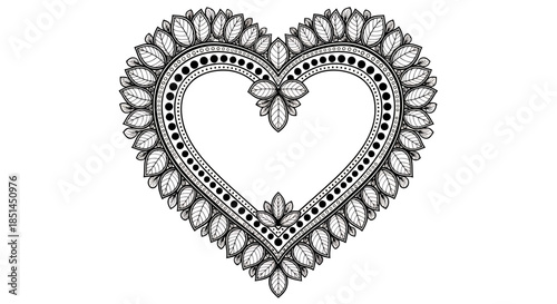 An elegant, intricately detailed heart-shaped vector illustration, adorned with delicate leaf patterns and dots, perfect for romantic designs and celebratory occasions.