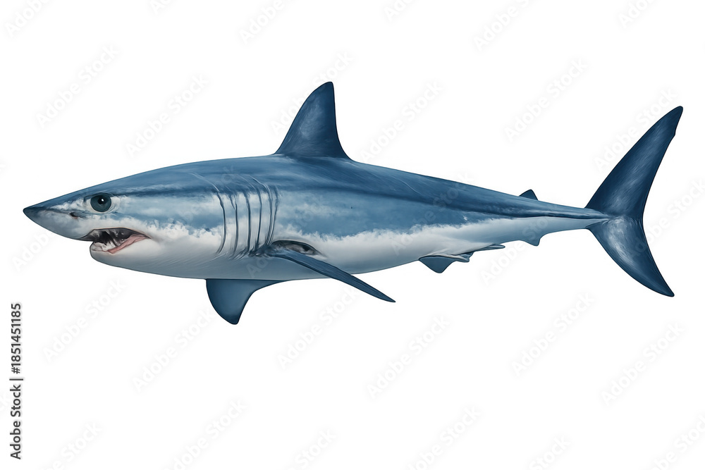 Fototapeta premium Mako shark swimming, showing powerful body and sharp teeth, a fast marine predator on transparent background