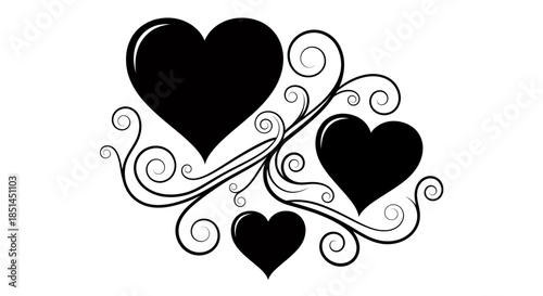 This elegant vector graphic features a beautiful cluster of glossy black hearts intricately intertwined with decorative swirling tendrils, set against a pristine white background.