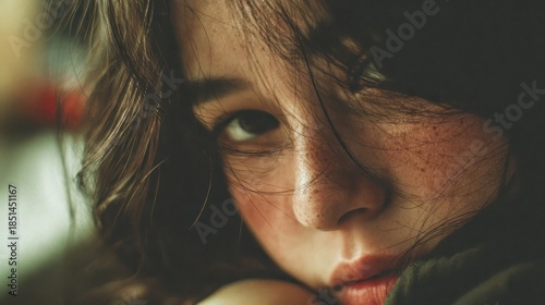 Close-up portrait of a young woman with fair skin and freckles face