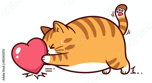 A charming cartoon orange tabby cat lovingly pushes a big pink heart, expressing affection with a cute and playful vector illustration.