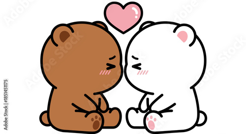 A charming vector illustration showcasing two adorable cartoon bears, one brown and one white, sharing a tender moment with a pink heart, perfect for Valentine's Day or expressing love.