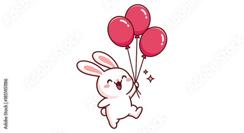 A delightful vector illustration features a happy bunny cheerfully holding a bunch of red heart-shaped balloons, conveying themes of love, joy, and celebration.