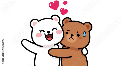 A charming vector illustration shows a cheerful white bear embracing a distressed brown bear, offering comfort and support with floating hearts above.
