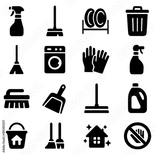 Essential Cleaning Icons: A minimalist design featuring various essential cleaning tools, perfect for illustrating domestic chores, sanitation, and hygiene.