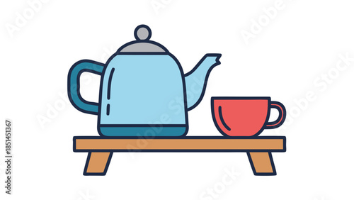 Simple Icon: Blue Teapot and Red Cup on Wooden Tray