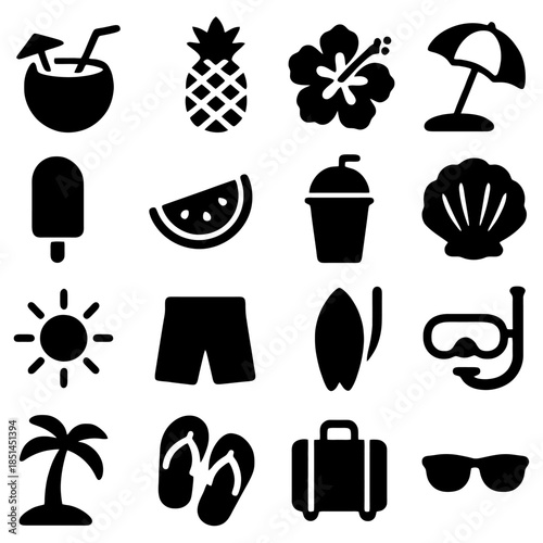 Summer essentials icons: This image is a collection of essential icons to a tropical vacation, ready for a warm getaway. This set includes icons like cocktails, pineapples, hibiscus, umbrella.
