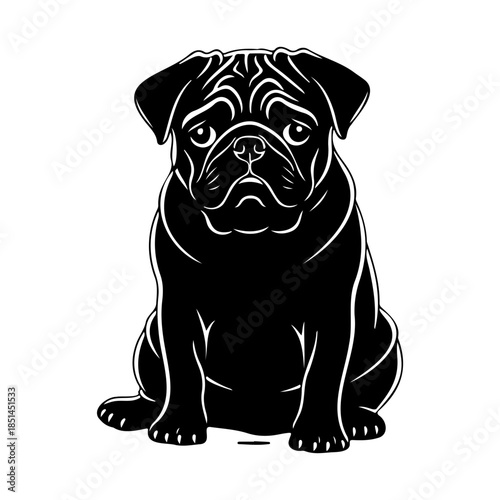 Cute sad pug dog sitting silhouette with expressive face, black and white vector illustration.