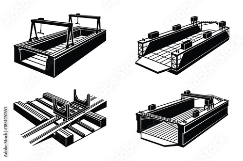 Elevated boat elevators set. Marina equipment. Docking vessels. Lifting systems. Marine engineering.