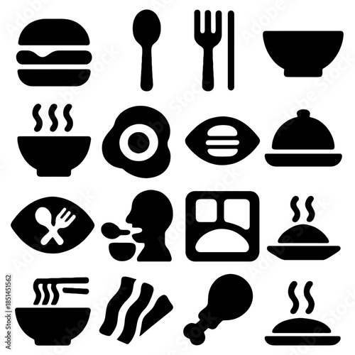 Culinary Delights: a collection of food icons, each silhouette represents a different dish and mealtime essentials, showcasing the essence of dining experience.