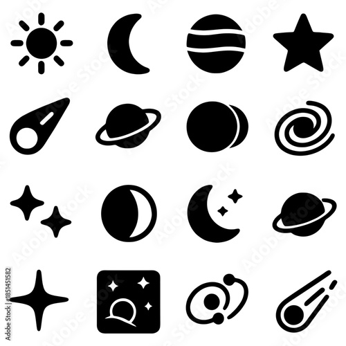 Celestial Wonders: A collection of stylized icons of celestial bodies like sun, moon, stars, planets, and galaxies against a stark backdrop. 