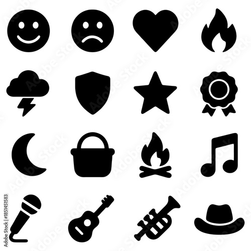 Icons of Emotion and Symbolism: A collection of meticulously crafted, stark, monochrome icons representing an array of concepts, sentiments and symbols.