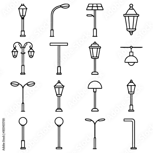Urban Illumination: A Collection of diverse lamp post designs, perfect for urban and architectural projects, illustrating street and park lighting in a sleek, minimalist style.