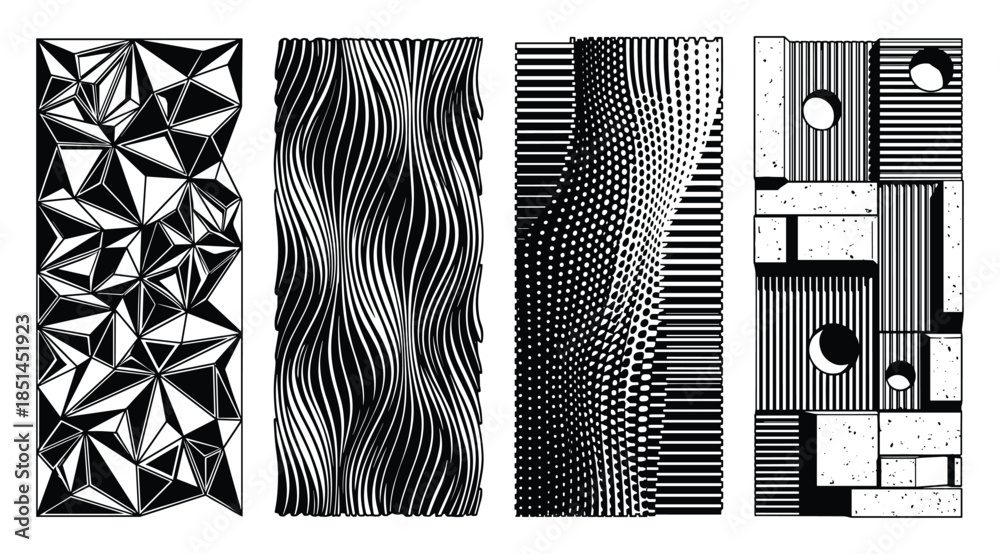 custom made wallpaper toronto digitalFour abstract geometric panels in black and white featuring various graphic patterns and styles.