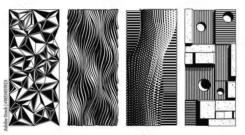 Four abstract geometric panels in black and white featuring various graphic patterns and styles.