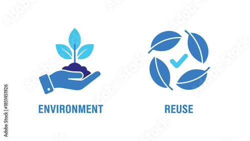 Sustainable Living Icons with Blue Leaves and Hands in Simple Flat Design for Environmental Awareness