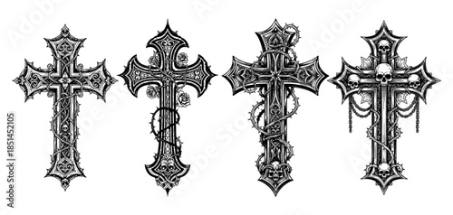 gothic christian cross symbols  stylized as engraving. hand drawn sketch for print, tattoo flash