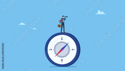 Smart businessman leader on compass using telescope look for the way forward strategy. Business direction with leadership visionary, business goal and achievement or looking for solution and discovery