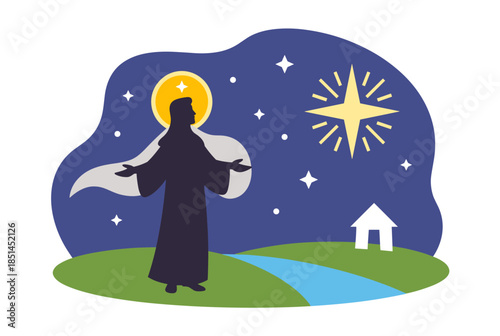 Spiritual Figure Under a Radiant Star in a Peaceful Night Landscape