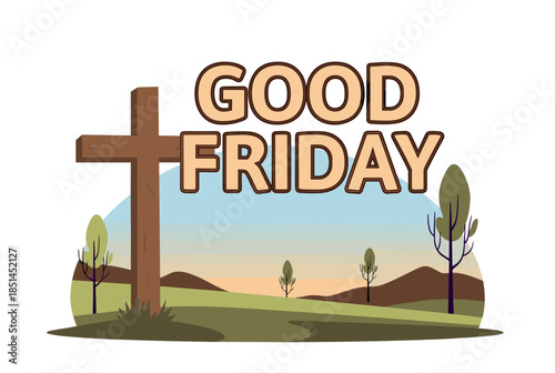 Good Friday Christian Holy Day Illustration with Cross and Landscape