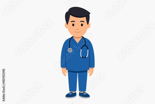 Friendly Male Doctor or Nurse in Blue Scrubs with Stethoscope