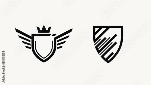 Shield Icons with Crown and Wings in Minimalist Style with Black Color on White Background for Security Branding