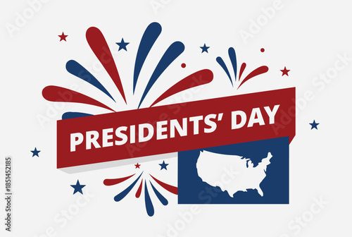 Presidents Day Banner with Us Map and Patriotic Fireworks Celebration