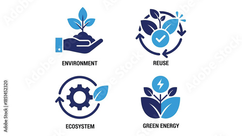 Sustainable eco-friendly icons in blue color with simple design for environmental awareness campaign