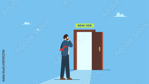 Businessman thinking and make decision to exit bright future opening door with sign on top as New Job. New job challenge, make decision for new opportunity in work or career development.